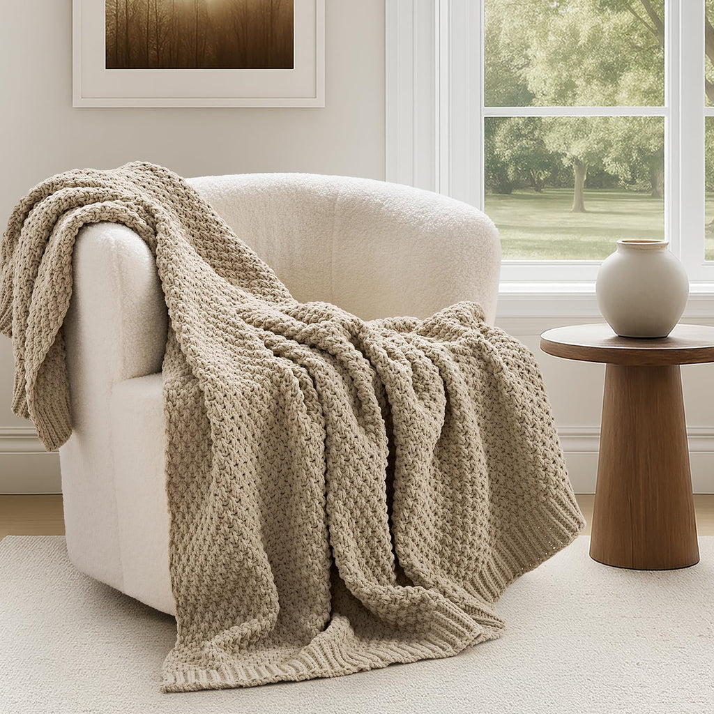 EVERGRACEHOME Chunky Chenille Knit Throw Blanket, 60 x 80, Sand Dune