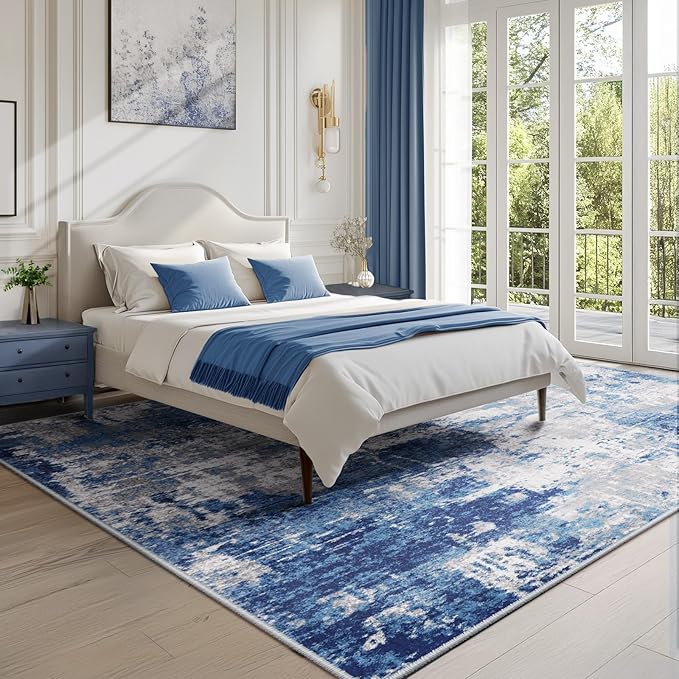 Washable Area Rugs 9'x12' Non-Slip Modern Abstract Soft for Living Room Entryway Bedroom, Print Pattern, Blue Grey Navy Gray