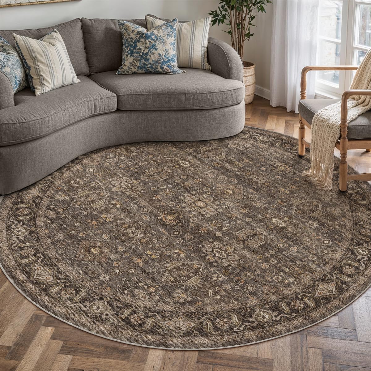 WondRg 5x5 Dark Brown Vintage Round Rug