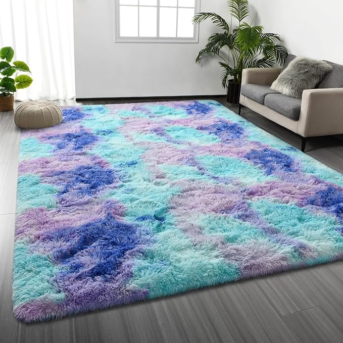 Large Shag Area Rugs 6 x 9, Tie-Dyed Plush Fuzzy Rugs for Living Room, Ultra Soft Fluffy Furry Rug for Bedroom, Indoor Carpet Nursery Rugs for Kids Room Home Decor, Rainbow