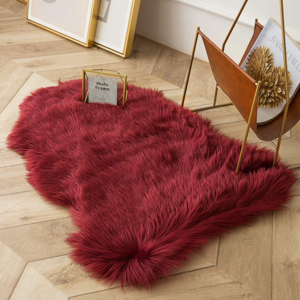 Ashler faux fur rug, Fluffy Shaggy Area Rug Ultra Soft 2 x 3 Feet Sheepskin Fur Rug, Deep Red Fuzzy Rug Machine Washable Shag Rug, Nursery Decor Throw Rugs for Bedroom, kids room, Living Room