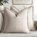 MIULEE Linen Fringe Decorative Throw Pillow Covers Natural Beige 18x18