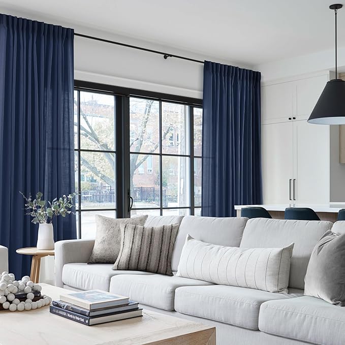 Navy Blue Curtains 96 inch Length for Bedroom Back Tab Light Filtering Semi Sheer Blue Living Room Curtains Linen Cotton Textured Indigo Blue Drapery Panel Modern Aesthetic Decor 42" Wx96 L
