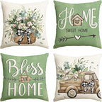 AVOIN colorlife Bless Our Home Farmhouse Eucalyptus Leaves Throw Pillow Covers, 16 x 16 Inch Green Truck Home Sweet Cushion Case Decorations Set of 4