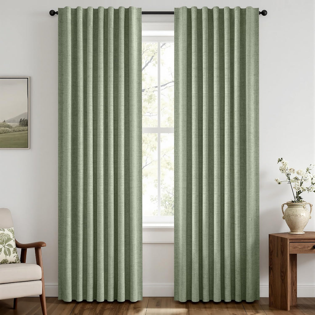 MIULEE 100% Blackout Linen Curtains 42 x 72 Inch Sage Green 2 Panels