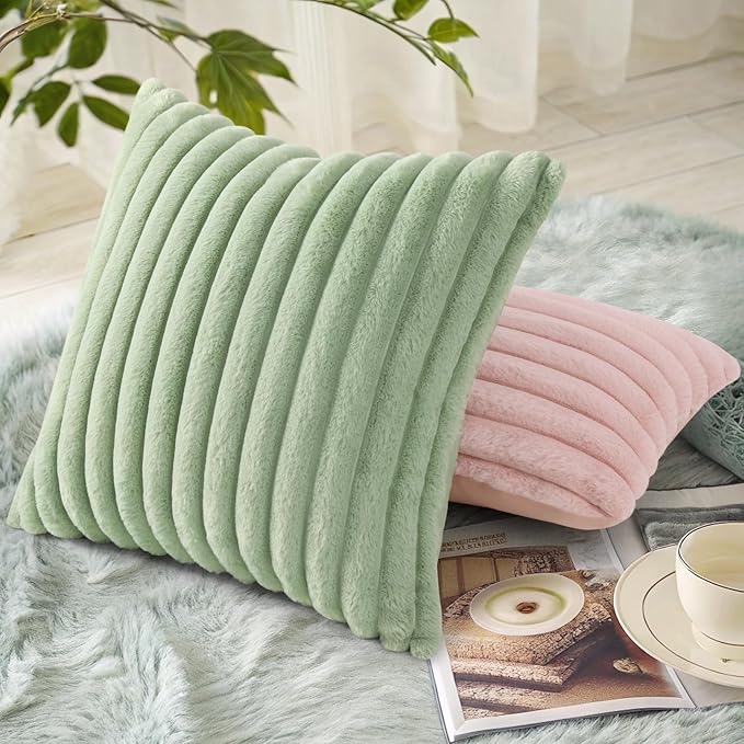 decorUhome Summer Cozy Faux Fur Throw Pillow Covers 16x16 Set of 2 Decorative Soft Plush Striped Modern Farmhouse Boho Couch Pillow Cases with Velvet Back for Sofa Bed Living Room, Sage Green