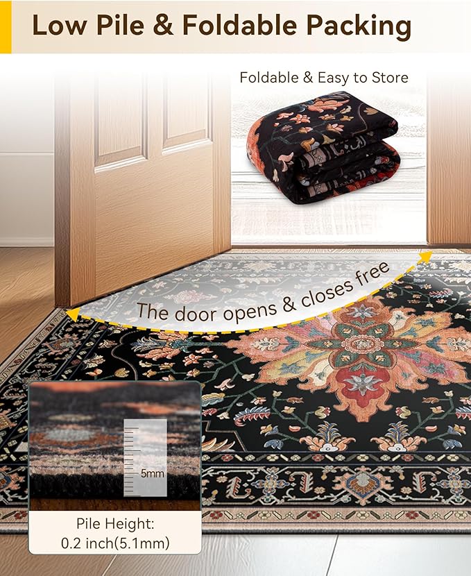 RELEANY Area Rugs 3'x12' Runner Rug Non Slip Washable for Kitchen Hallway Bedroom Beside Laundry Room Bathroom Rug, Floor Carpet, Black Colorful Floral Dark Tan