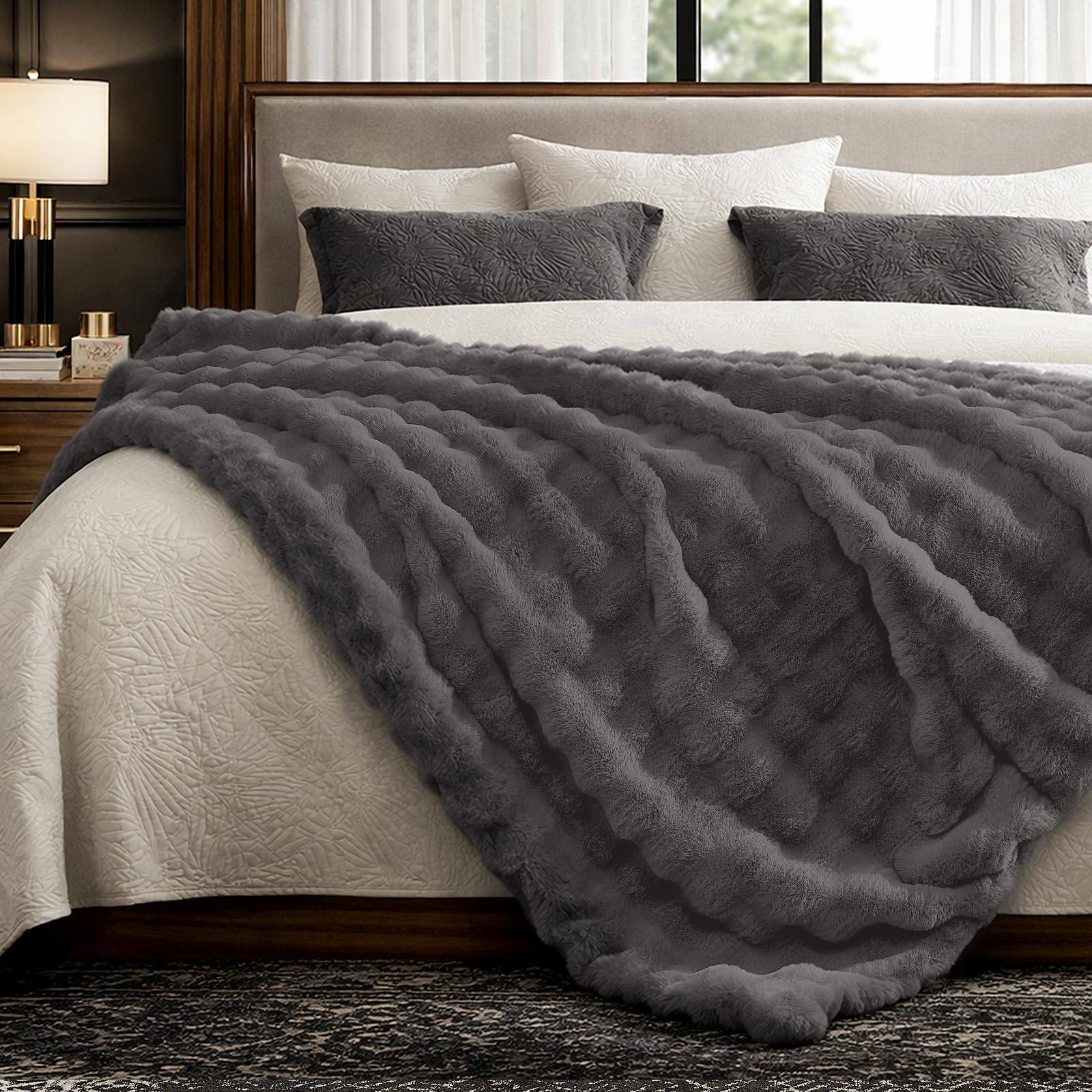 Cozy Bliss Faux Fur Bubble Throw for Couch, Fuzzy Soft Plush Thick Blanket for Sofa Bed Gift, 50x60 Inches Charcoal Grey