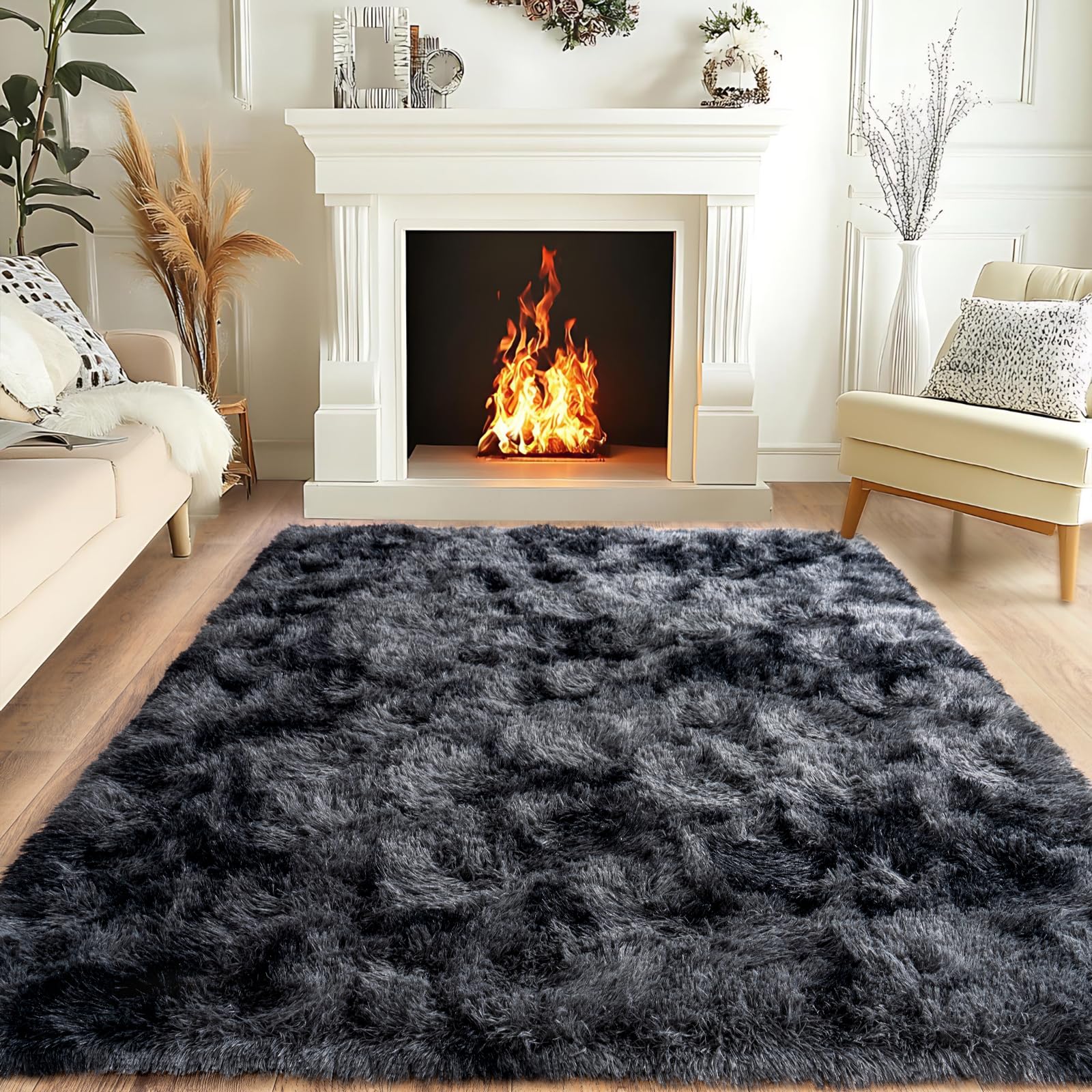 Super Fluffy Area Rug for Living Room 5x7, Shaggy Carpet, Dark Grey