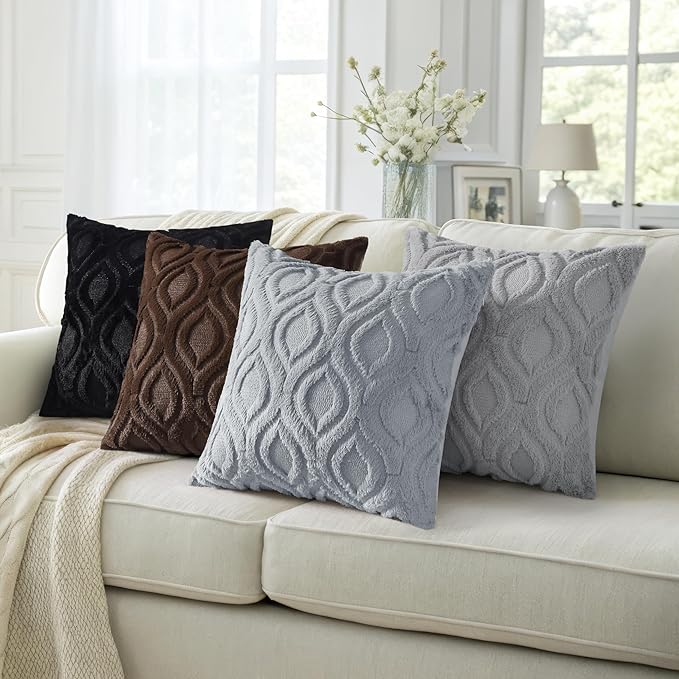 decorUhome Faux Fur Plush Soft Blue Grey Throw Pillow Covers 16x16 Set of 2