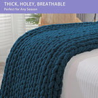 Bigacogo Chunky Knit Throw Blanket for Couch, 40x60 inches, 100% Hand Knitted with Thick Jumbo Chenille Yarn, Cozy Soft Large Rope Knot Cable Crochet Blankets for Sofa Bed Living Room, Deep Sea Blue