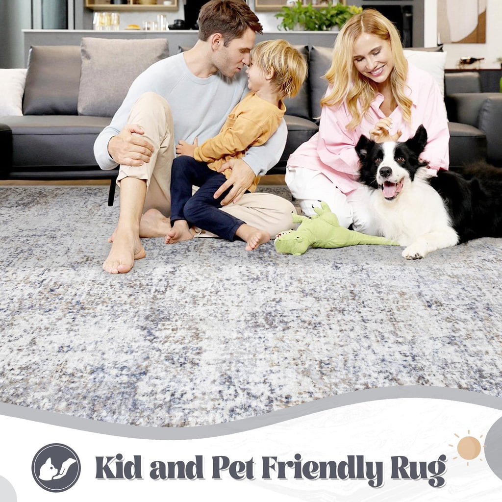 XLUEZ 8x10 Area Rugs for Living Room, Washable Modern Abstract Large Area Rug Neutral Soft Non Slip Kids Rug Stain Resistant Indoor Carpet for Bedroom Nursery Dining Room Playroom(Bluegrey, 8'x10')