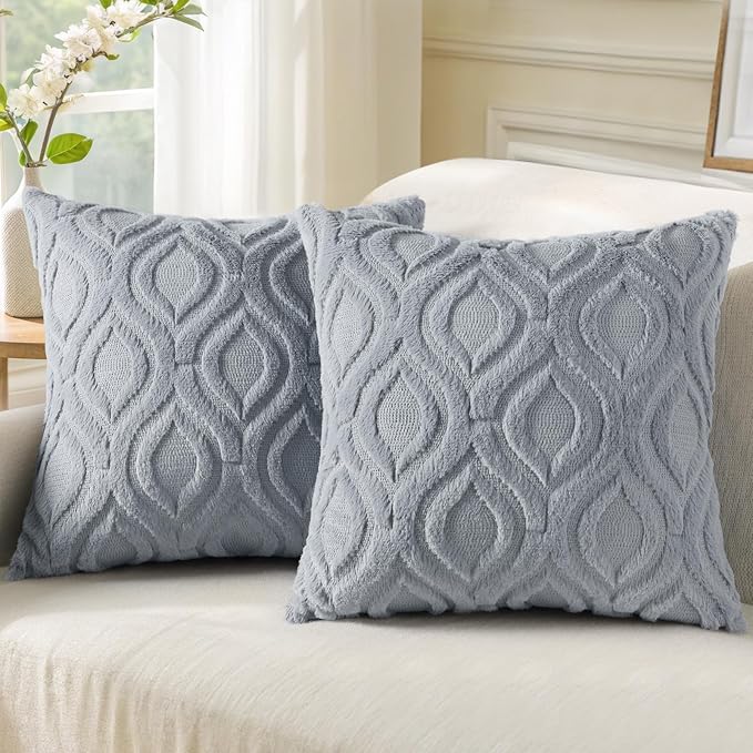 decorUhome Faux Fur Plush Soft Blue Grey Throw Pillow Covers 16x16 Set of 2