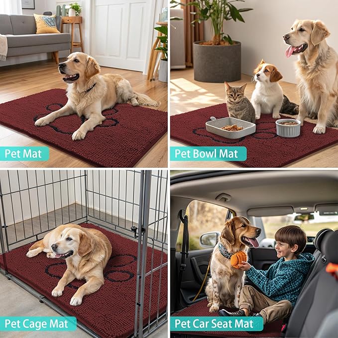 Smiry Dog Door Mat for Muddy Paws, Absorbent Dirt Trapper Non Slip Quick Dry Washable Chenille Mat for Mud Dogs, Entry Rug for Indoor and Outdoor (48x30 Inches, Caramel Russet and Black