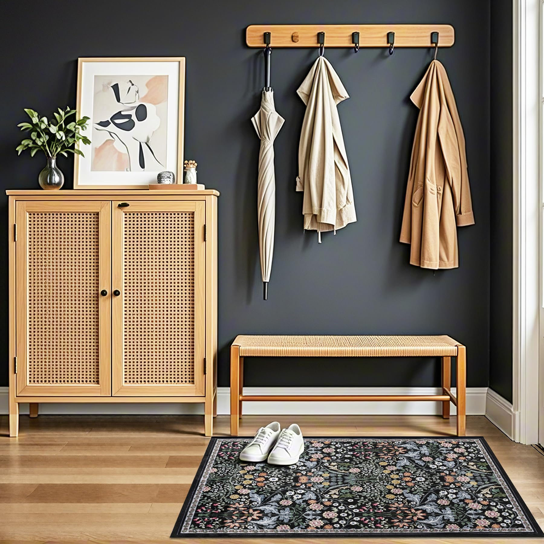 PLHXFR 2x3 Small Entryway Rug: Floral Washable Indoor Carpet Dark Black