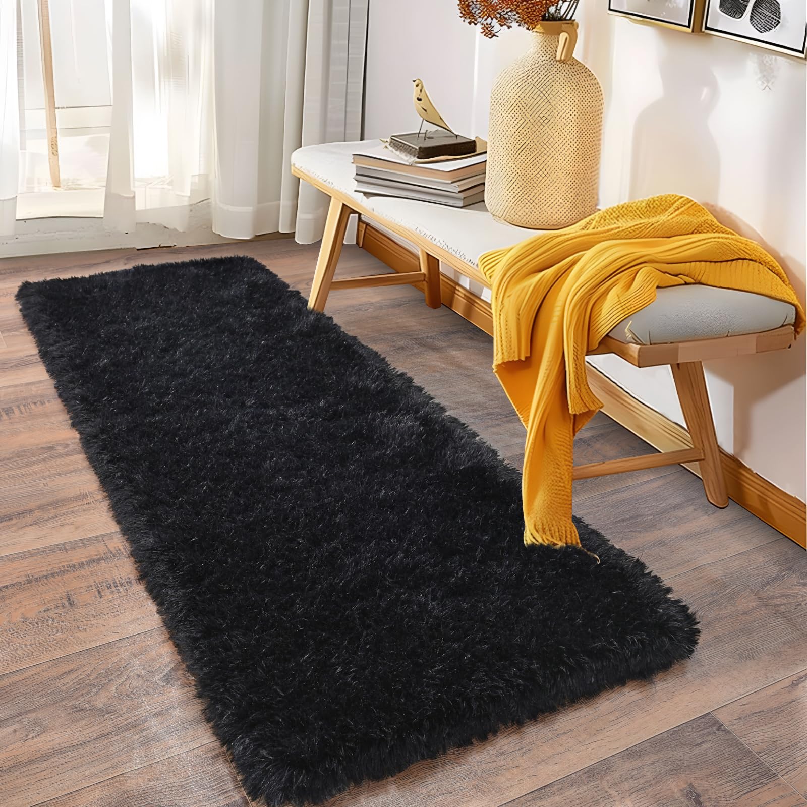Ailyei Fluffy Shag Runner Rugs for Bedroom Hallways, 2x8 Black Long Soft Throw Area Rug Non Slip for Bedside Dorm, Shaggy Furry Carpet for Nursery Living Room Home Decor