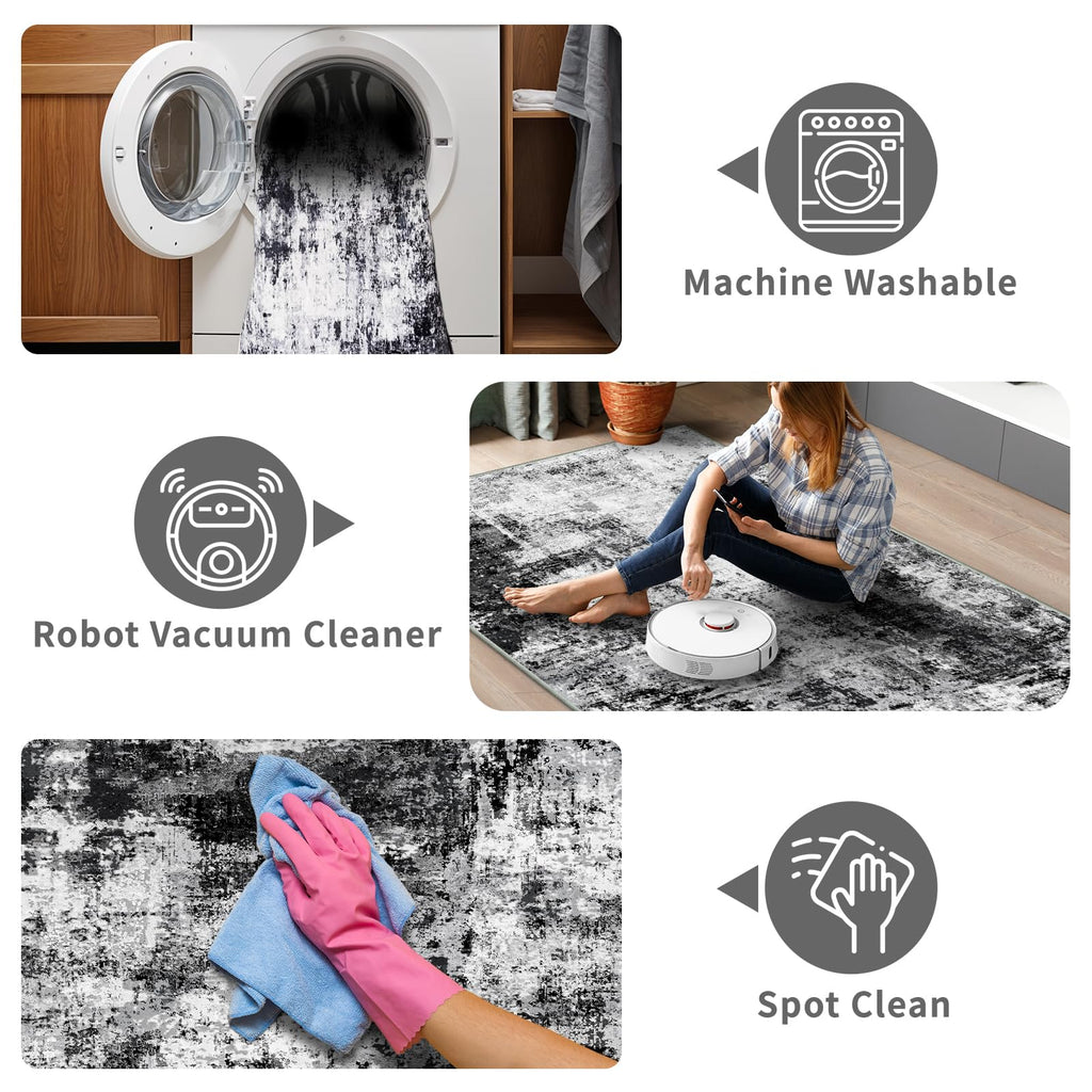 WIEVEDENS 2x3 Small Washable Area Rug: Non-Slip Indoor Door Mat for Entrance Doorway Kitchen Bedroom Living Room - Abstract Farmhouse Throw Rug for Modern Home Decor Black Grey