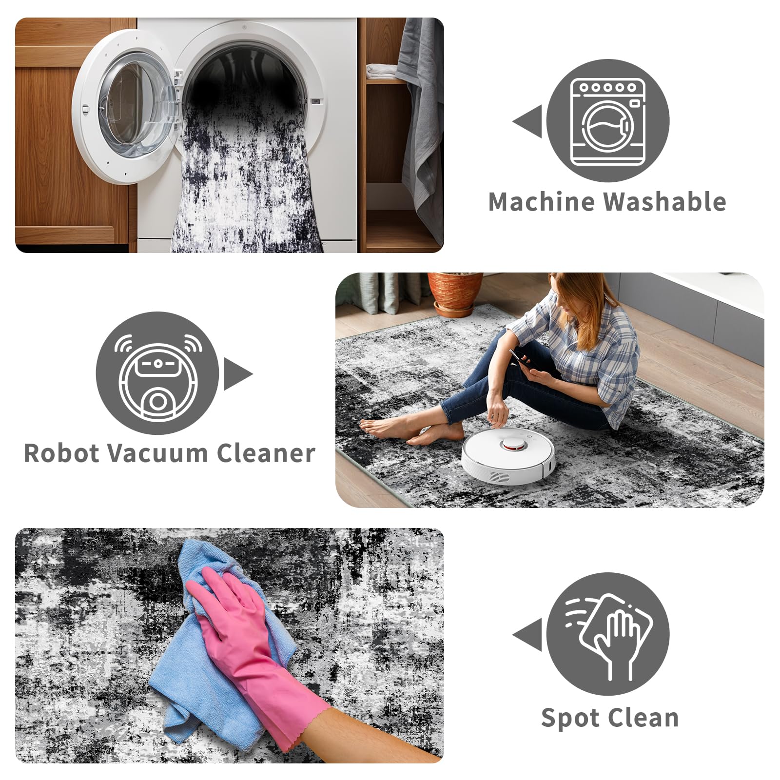 WIEVEDENS 2x3 Small Washable Area Rug: Non-Slip Indoor Door Mat for Entrance Doorway Kitchen Bedroom Living Room - Abstract Farmhouse Throw Rug for Modern Home Decor Black Grey