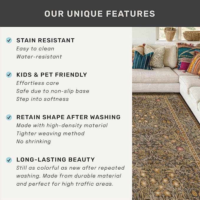 Hazo Haus Washable Living Room Rug 10x12 - Brown Oriental Area Rug for Dining Room Under Table, Low Pile Non-Slip Floor Decor for Bedroom Under Bed - Vintage Earthy Design & Stain Resistance