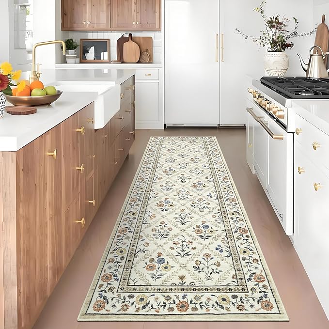 GarveeHome Washable Kitchen Runner 2x6 Non-Slip Floral Carpet Runner for Entryway Indoor Ultra Soft Stain Resistant Long Rugs Farmhouse Floor Mat for Hallways Laundry Bedroom Beige