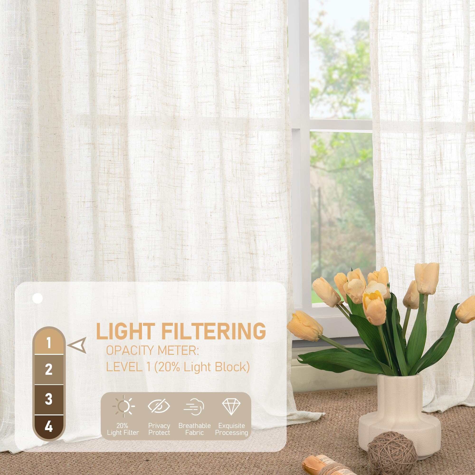 LAMIT Kitchen Semi Sheer Linen Curtains 24 Inch Long, Light Filtering Panels Back Tab and Rod Pocket Neutral Drapes for Cafe/Bathroom/Small Window, Cream, 2 Panels, 34 x 24 Inch