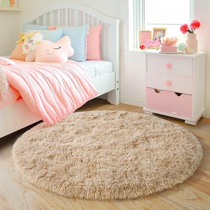 Quntue 6‘x6’ Beige Round Rug for Bedroom, Ultra Soft Fluffy Circle Rug for Kids Girls Boys Room, Cute Shag Rugs for Living Room Playroom Tent Castle Home Decor Rug