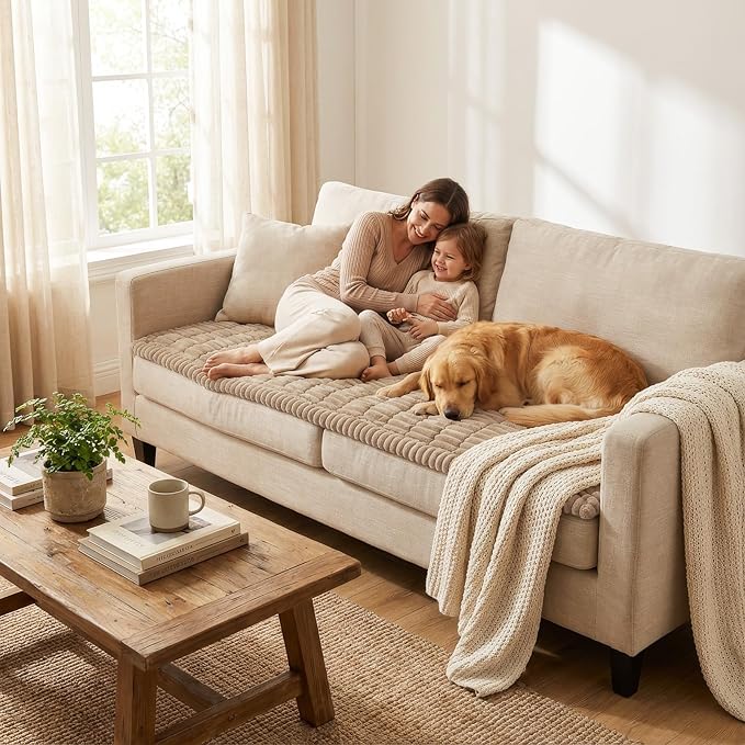 Smiry Couch Cover for Dogs Washable, Non Slip Fuzzy Pet Couch Covers for 3 Cushion Sofa Pet Friendly, Thick Soft Sofa Slipcovers Cushion Protector (Khaki, 27.6" x 88")