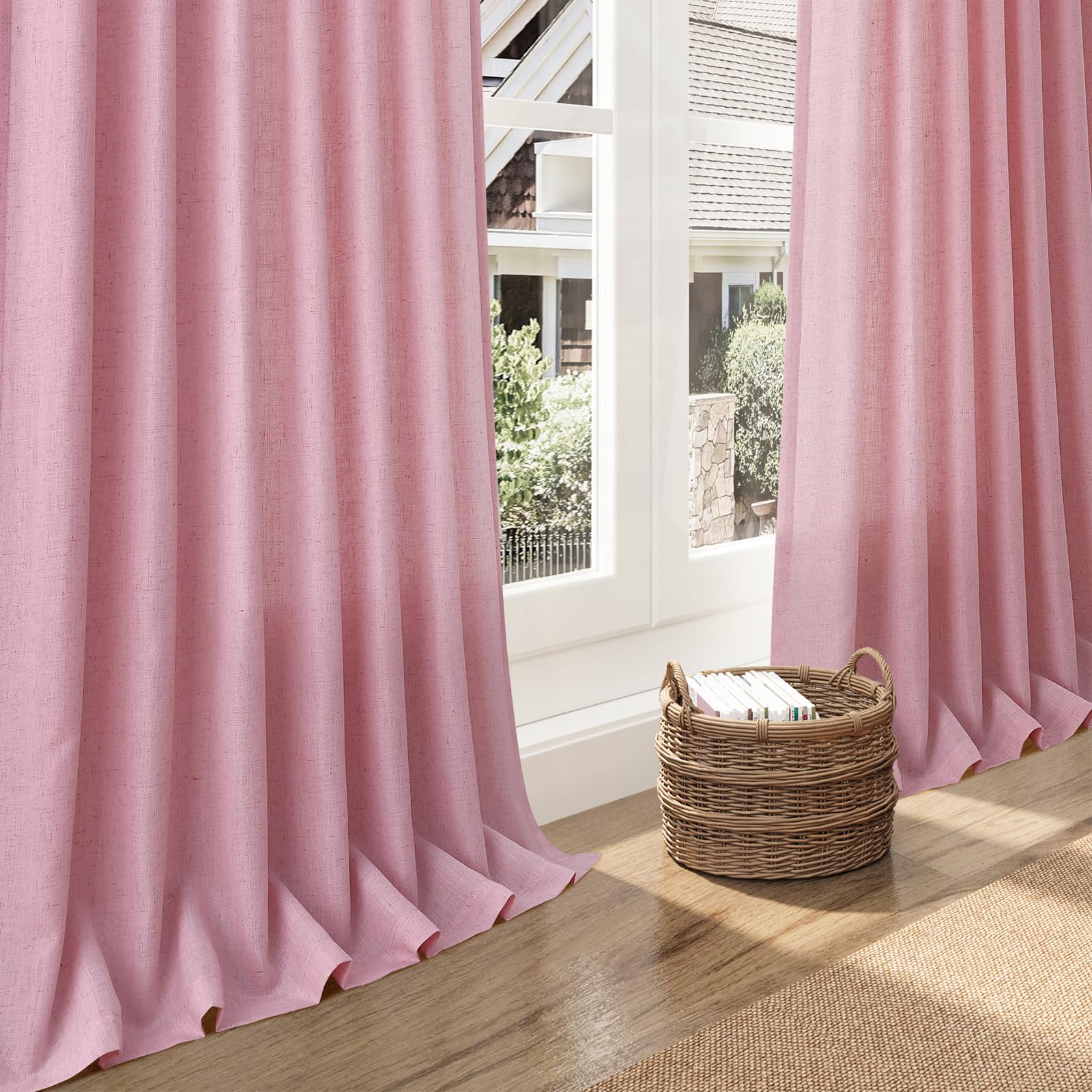 Nanspring Rose Linen Curtains 90 Inch Long 2 Panels Set Back Tab Rod Pocket Semi Sheer Light Filtering Boho Style Neutral Farmhouse Lightweight for Bedroom and Living Room 52x90