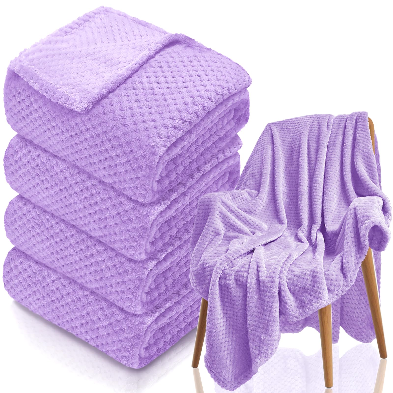 Tewloss 4 Pack Fleece Throw Blankets 50x60 Inches - Oeko-Tex Certified 100, 270 GSM Ultra Soft Plush for Bed, Couch and Cozy Gifts. 3D Waffle Texture, No Shedding No Pilling All Season (Lavender)