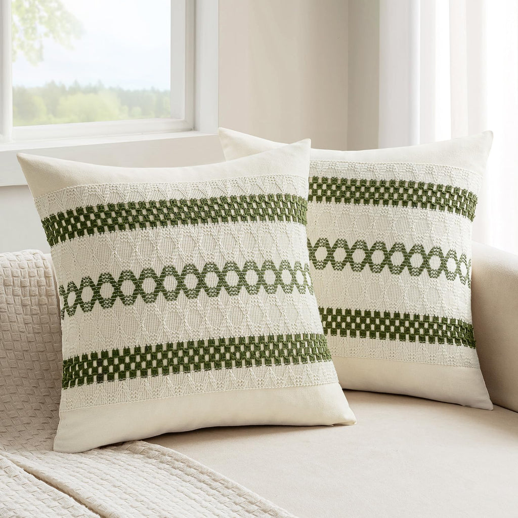 MIULEE Set of 2 Moss Green Boho Decorative Pillow Covers 18x18 Inch
