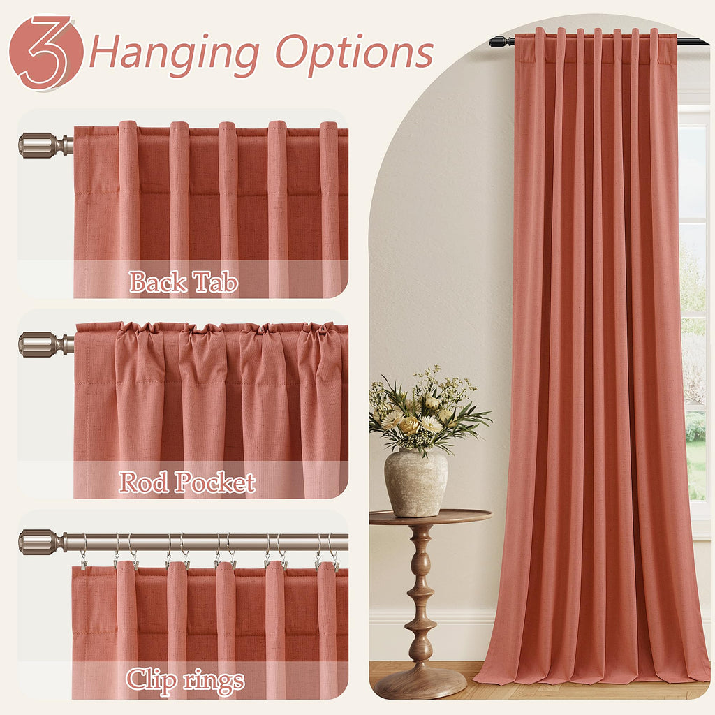Guken Coral 100% Blackout Linen Curtains 108 Inch Length 2 Panels Set for Living Room Bedroom Back Tab Rod Pocket Thermal Insulated Farmhouse Black Out Drapes Room Darkening,52x108