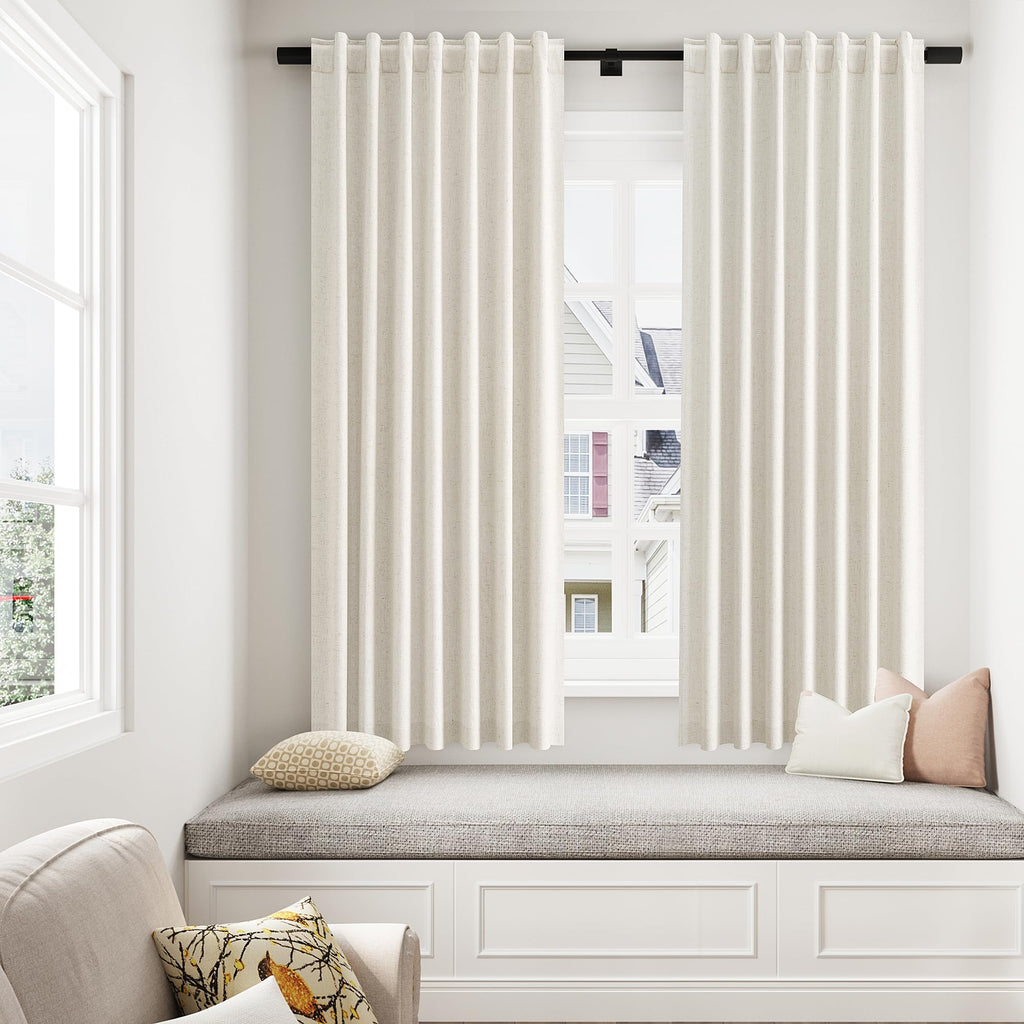 Guken 100% Blackout Linen Curtains for Bedroom 63 Inches Long Natural Cream Black Out Curtain Back Tab Thermal Insulated Room Darkening Window Drapes for Living Room 2 Panels Beige Ivory 52x63
