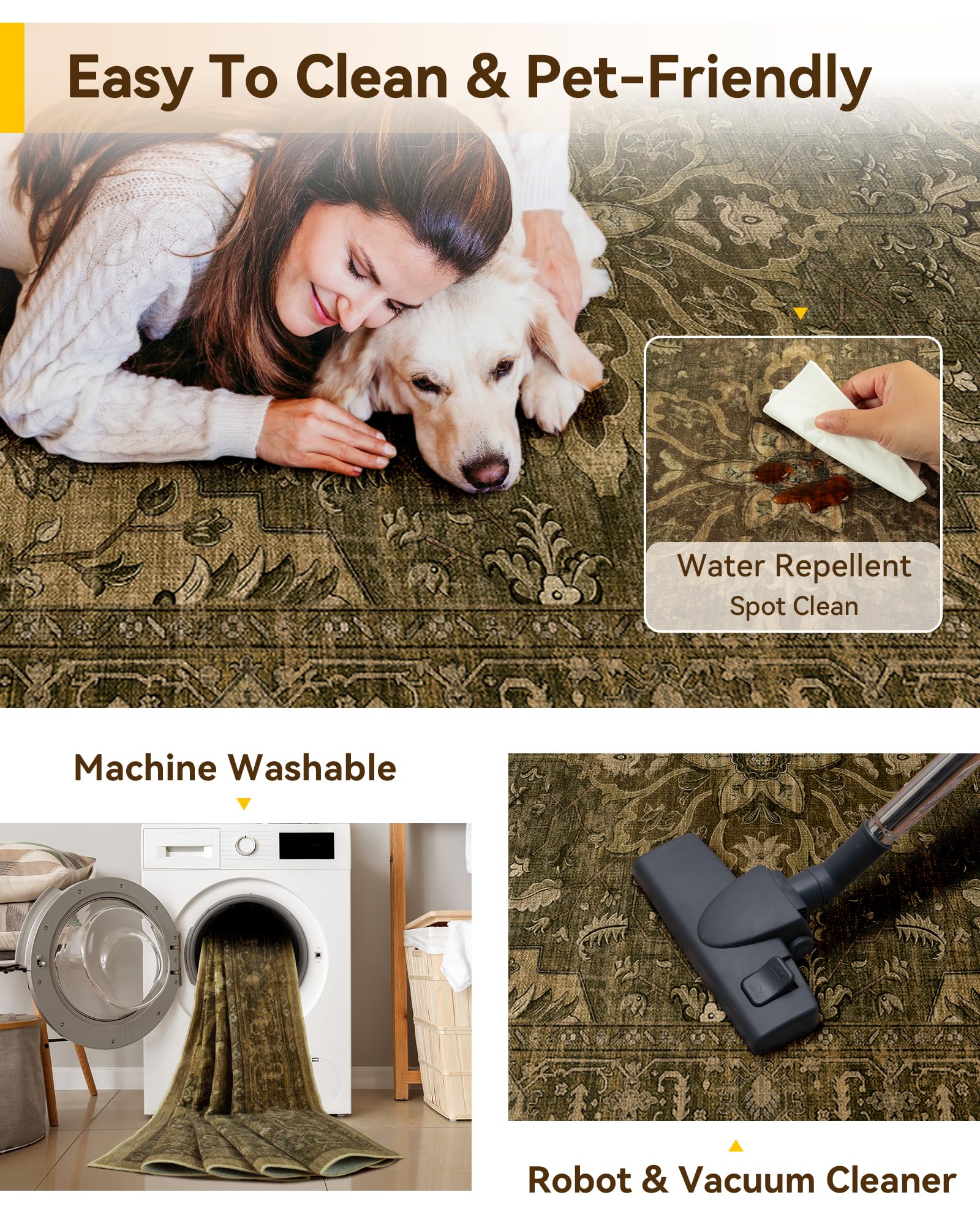RELEANY Washable Area Rug, 5'x7', Brown/Dark Brown