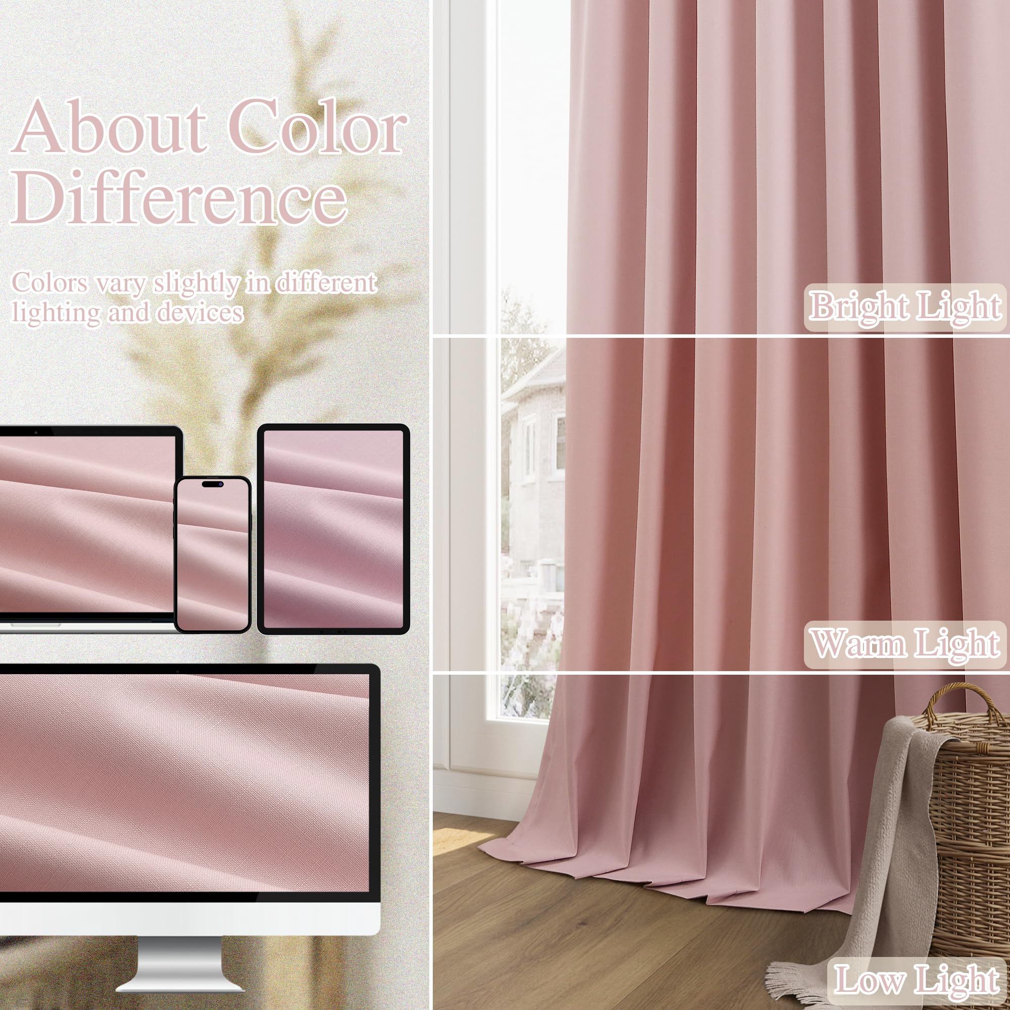 Guken Pink 100% Blackout Linen Curtains 102 Inch 2 Panels Set for Girl's Bedroom, Living Room, Nursery, Back Tab Rod Pocket Thermal Insulated Black Out Drapes Room Darkening Window Curtains