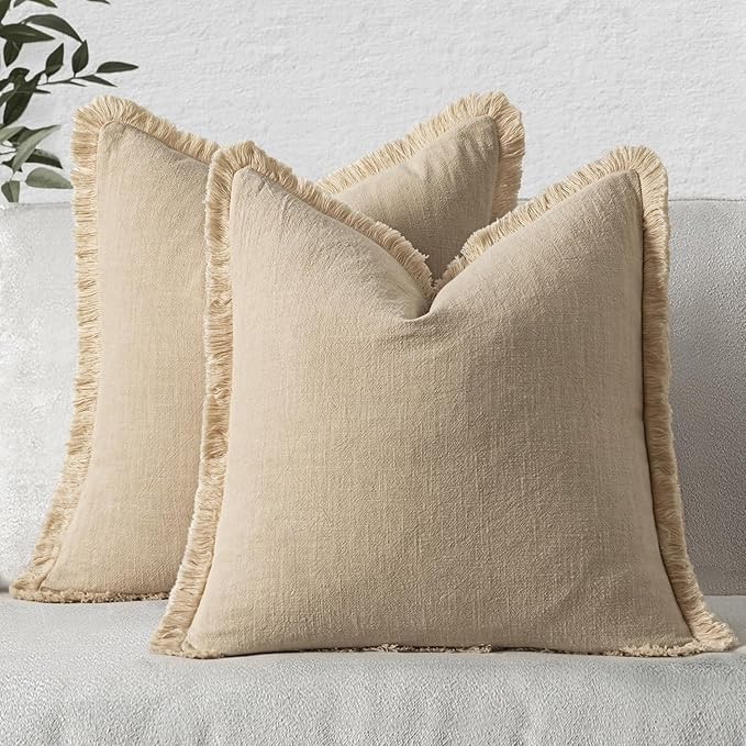 MIULEE Boho Linen Fringe Decorative Throw Pillow Covers Beige 16x16