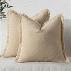 MIULEE Boho Linen Fringe Decorative Throw Pillow Covers Beige 16x16