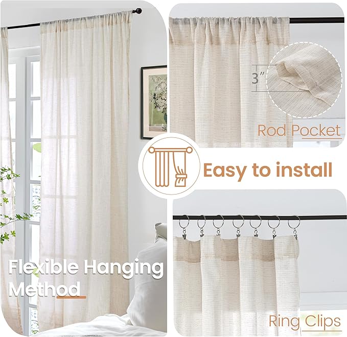 BGment Oatmeal Linen Curtains for Living Room 84 Inch Length, Semi Sheer Lightweight Rustic Country Window Drapes Textured for Bedroom Farmhouse Decor Rod Pocket, 2 Panels Set, Each 38 Inch Wide