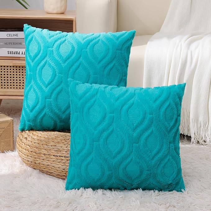 decorUhome Summer Throw Pillow Covers 22x22 Inch Set of 2, Soft Plush Faux Wool Turquoise Solid Couch Pillow Covers, Accent Euro Sham Farmhouse Neutral Square Pillow Cases for Sofa Bed Living Room