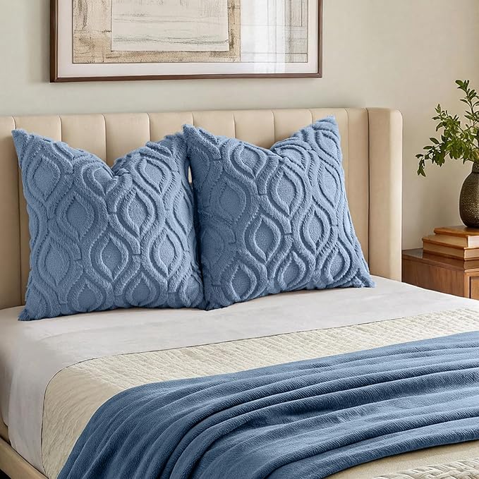 decorUhome Throw Pillow Covers 24x24 Inch Set of 2, Soft Plush Faux Wool Dusty Blue Solid Couch Pillow Covers, Accent Euro Sham Farmhouse Neutral Square Pillow Cases for Sofa Bed Living Room