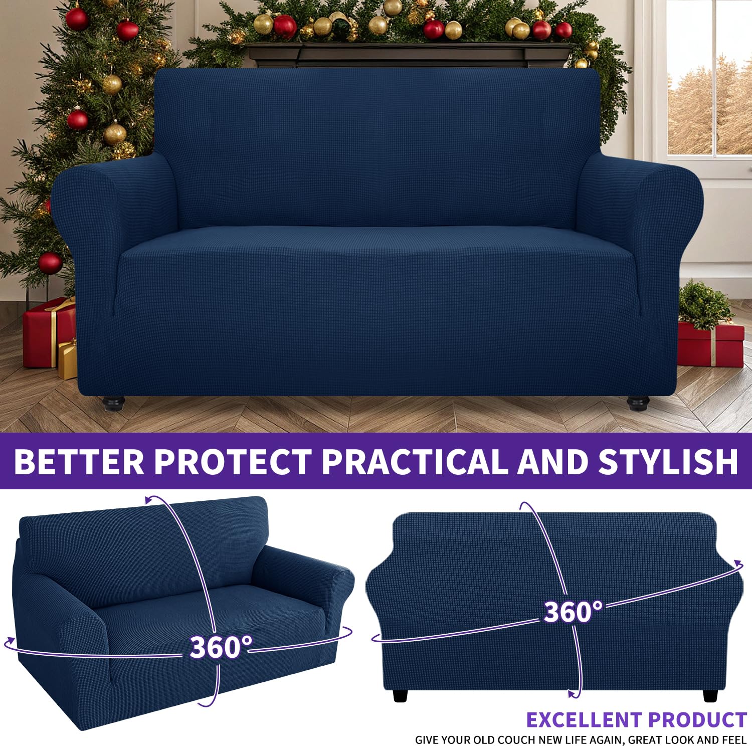 ZNSAYOTX Super Stretch Couch Cover Love Seat Sofa Covers for Living Room Dogs Pet Friendly Furniture Protector Spandex Loveseat Slipcovers with Anti Slip Foam Sticks (Navy Blue, Loveseat)
