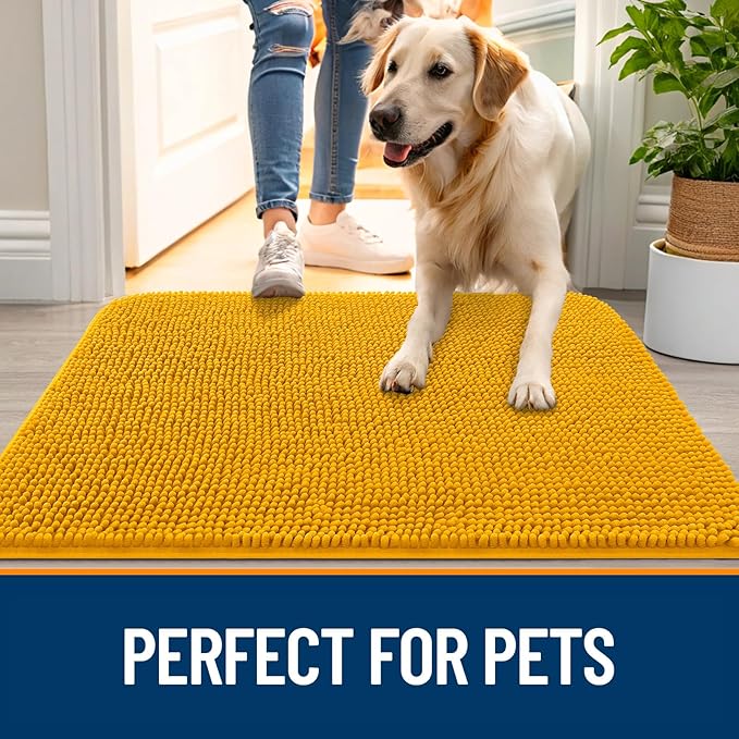 OLANLY Dog Door Mat for Muddy Paws 47x20, Absorbs Moisture and Dirt, Absorbent Non-Slip Washable Doormat, Quick Dry Chenille Mud Mat, Entry Indoor Entryway Carpet for Inside Floor, Golden Yellow
