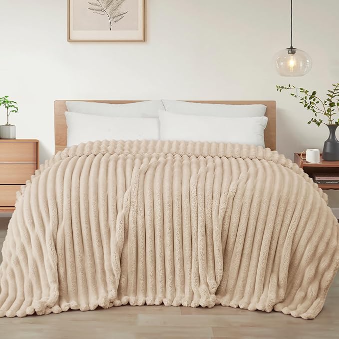 Exclusivo Mezcla King Size Flannel Fleece Blanket, Super Soft Striped Jacquard Bed Blanket, Lightweight Fuzzy Cozy for All Seasons, 90x104 Inches, Beige
