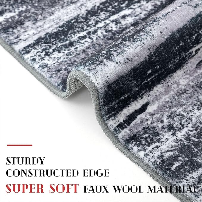 Lansny Modern Abstract Runner Rug 2x6, Black Grey Washable Entryway Runner Non-Slip Soft Hallway Rug Runner Thin Print Faux Wool Carpet for Kitchen Bedroom Laundry Room Indoor