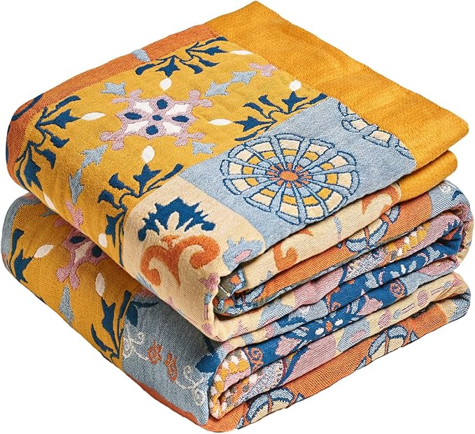 MSGKV Boho Throw Blanket for Bed 60"x80" 100% Cotton Couch Blanket Spring Breathable Lightweight Twin Size Blankets Home Decor Muslin All Seasons