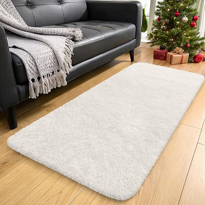 OLANLY 3x12 Machine Washable Runner Rugs for Hallway, Soft Fluffy Shaggy Bedside Rugs for Bedroom, Living Room, Indoor Floor Carpet for Kids Girls and Boys, Nursery Rooms, Home Decor Aesthetic, Ivory