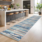 Lansny Modern Abstract Runner Rug 2.6x14, Blue Washable Long Kitchen Runner Non-Slip Soft Hallway Rug Runner Thin Print Faux Wool Carpet for Entryway Bedroom Laundry Room Indoor Home Decor