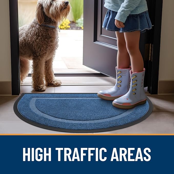 OLANLY Half Circle Door Mat Indoor Outdoor Entrance Welcome, Waterproof All-Season, All-Weather Doormat, Sturdy Natural Rubber, Low Profile, Easy Clean Patio Porch Entryway Mat, 59x34, Light Blue