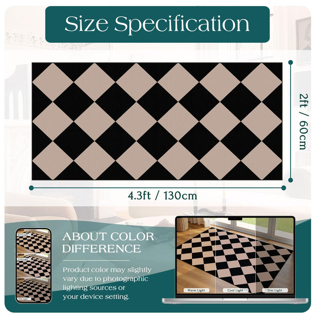 Othilic Front Door Mat Indoor Entrance - 2x4.3 Ft Black Tan Checkered Rug