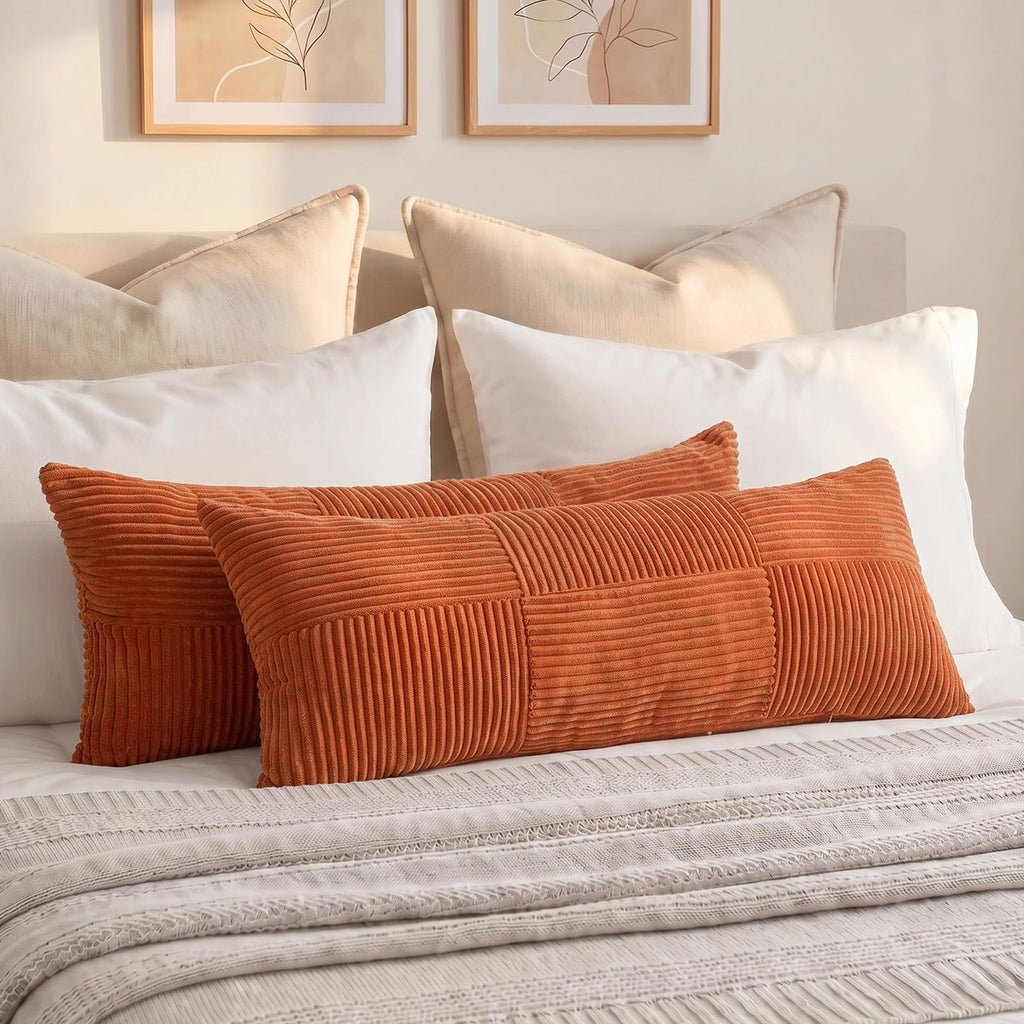Fancy Homi Set of 2 Burnt Orange Boho Long Lumbar Body Decorative Throw Pillow Cover 14x36 Inch for Bed Couch Bedroom Bench, Soft Patchwork Corduroy Textured Pillow Case, Rustic Farmhouse Room Décor