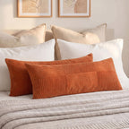 Fancy Homi Set of 2 Burnt Orange Boho Long Lumbar Body Decorative Throw Pillow Cover 14x36 Inch for Bed Couch Bedroom Bench, Soft Patchwork Corduroy Textured Pillow Case, Rustic Farmhouse Room Décor